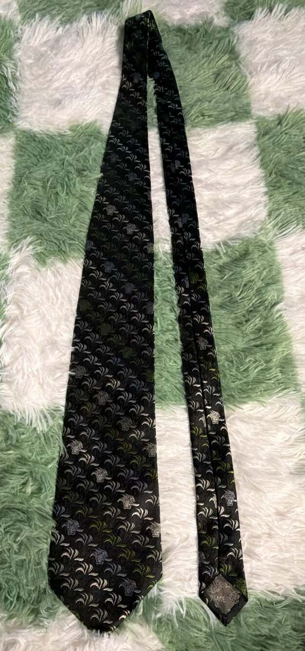 Versace Silk Necktie Black Green Floral Medusa Made in Italy